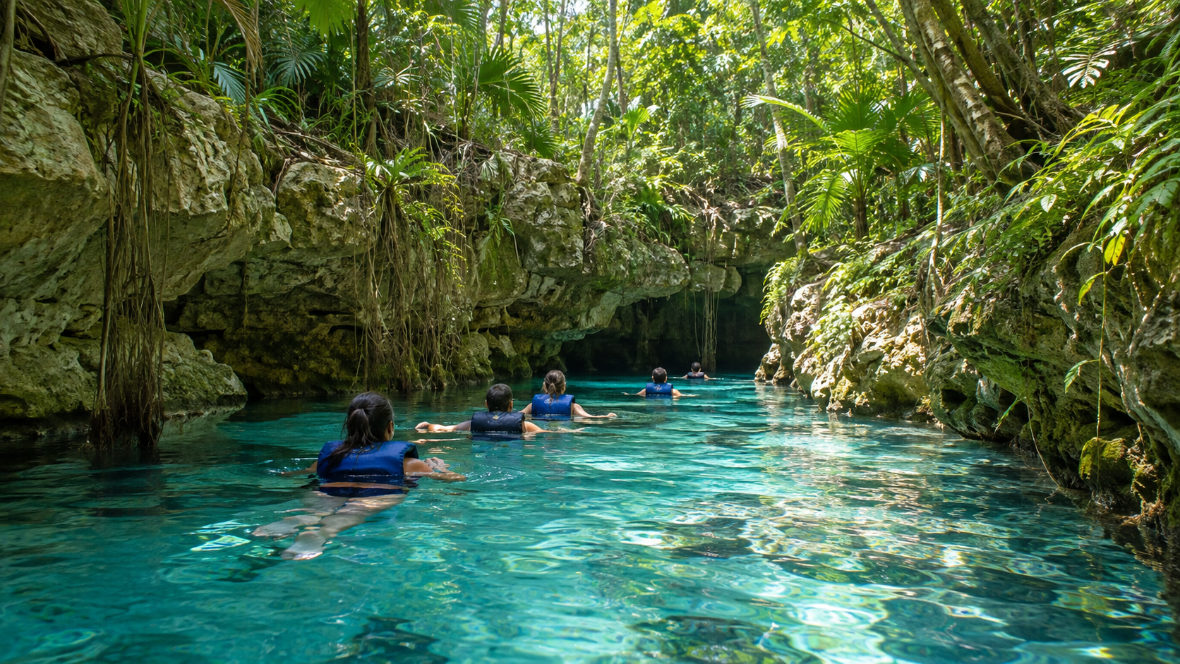 Viajeros recorriendo un río subterráneo en la Riviera Maya